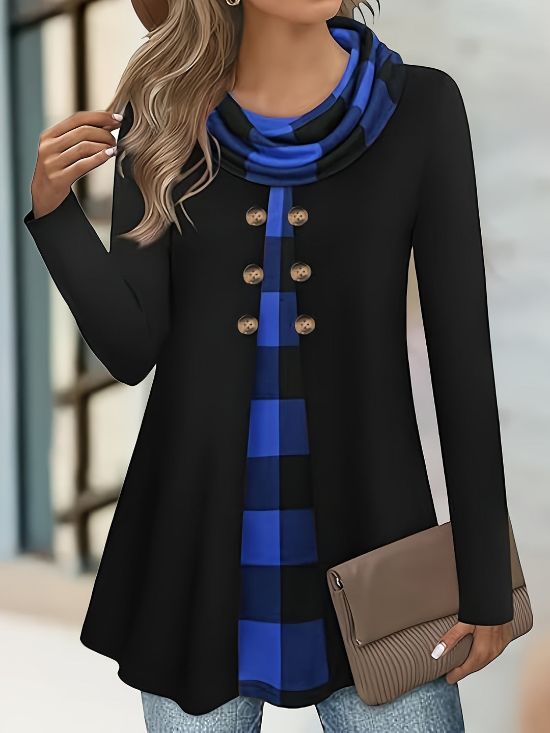 Patchwork Cotton-Blend Long-Sleeve Top for Women with Button Detail