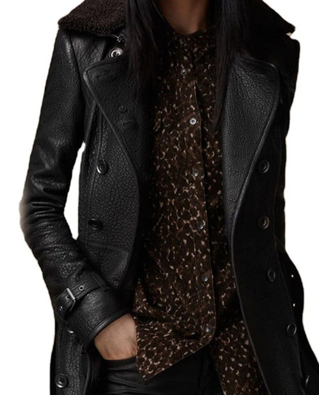 Women's Vegan Leather Coat with Shearling Collar – Mid-Length