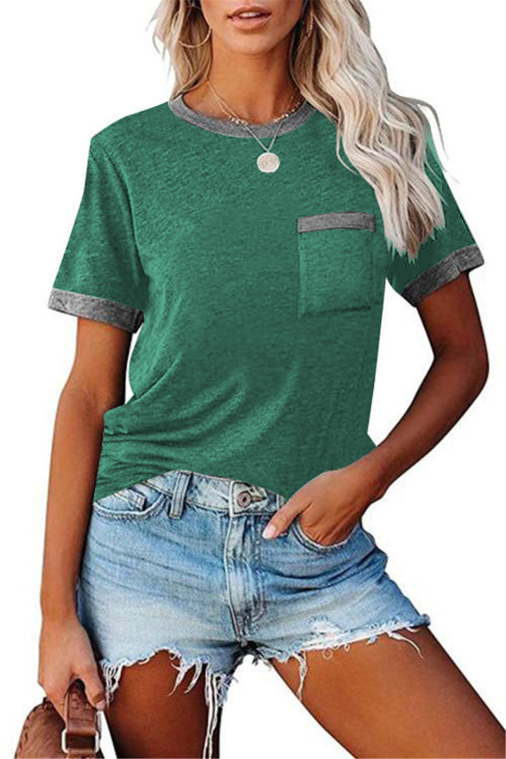Women's Colorblock Top – Relaxed Fit Round Neck with Pocket