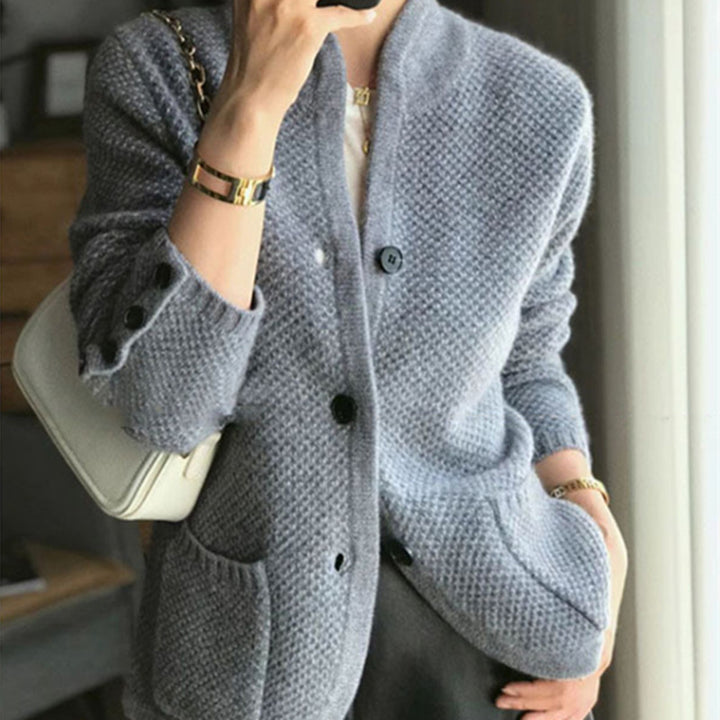Women's Knit Cardigan – Textured Thick Stand Collar Button-Front