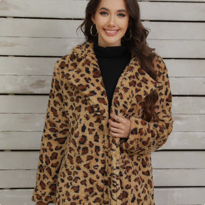 Women's Leopard Patchwork Longline Jacket – Plush Relaxed Fit Coat