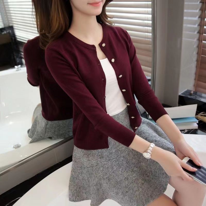 Women's Cotton Knit Cardigan, Straight Fit, Round Neck Single Layer