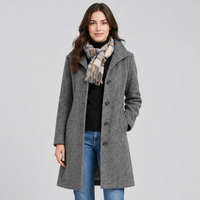 Women's Woolen Midi Coat – Slim Suit Collar and Long Sleeves