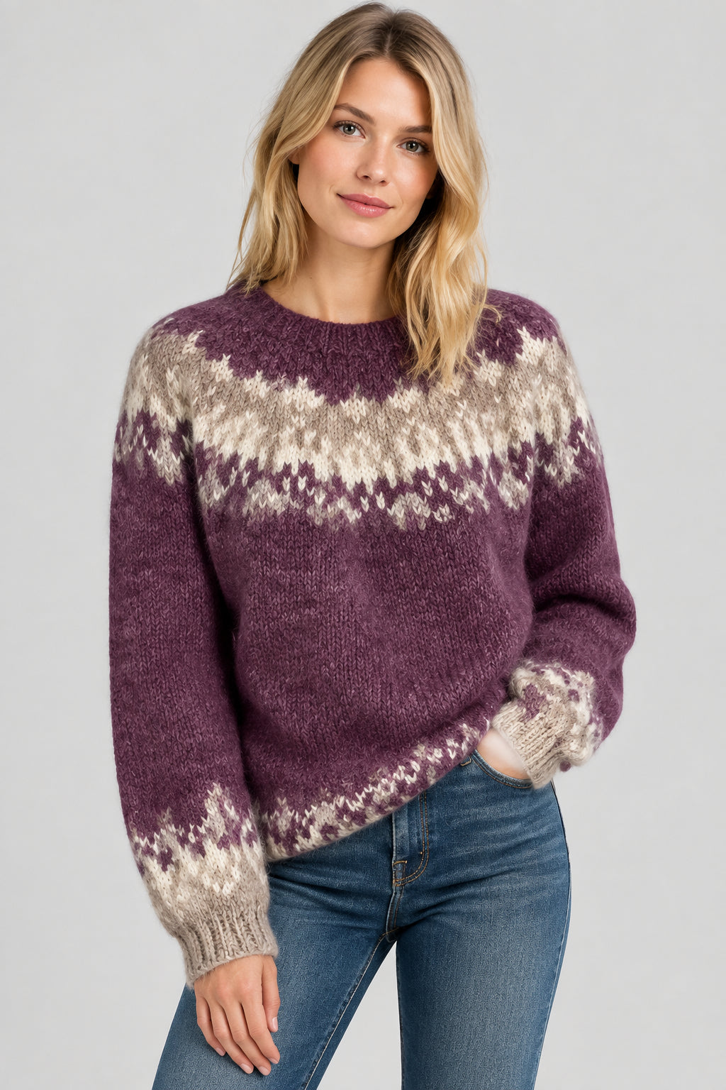 Women's Jacquard Knit Sweater – Thick Wool Look Relaxed Pullover