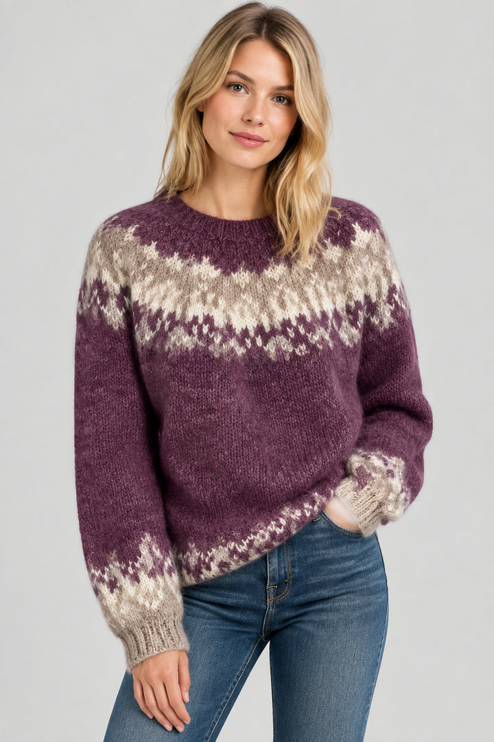Women's Jacquard Knit Sweater – Thick Wool Look Relaxed Pullover