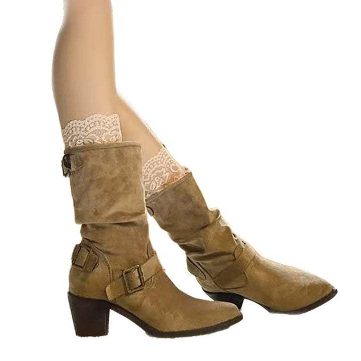 Women's Chunky Heel Mid-Calf Boot – Leather Pointed Toe Retro Style