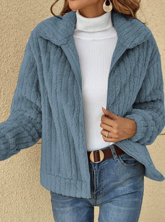 Women's Fleece Cropped Jacket – Lapel Collar Classic Silhouette