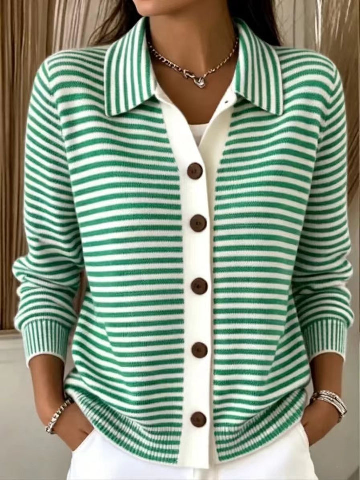 Women's Striped Knit Cardigan Button-Down Soft Cotton Layered Sweater
