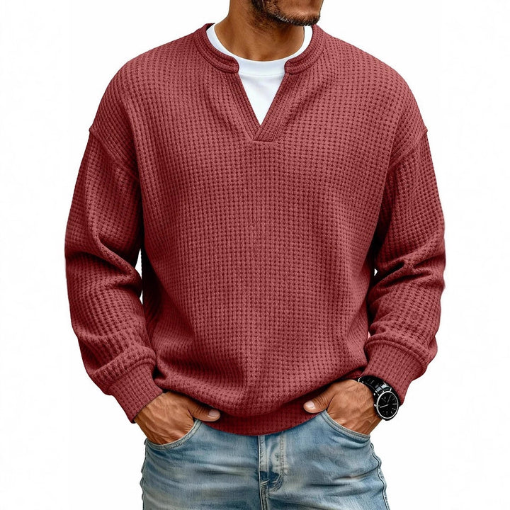 Men’s Waffle Knit Sweatshirt – Relaxed V-Neck Pullover