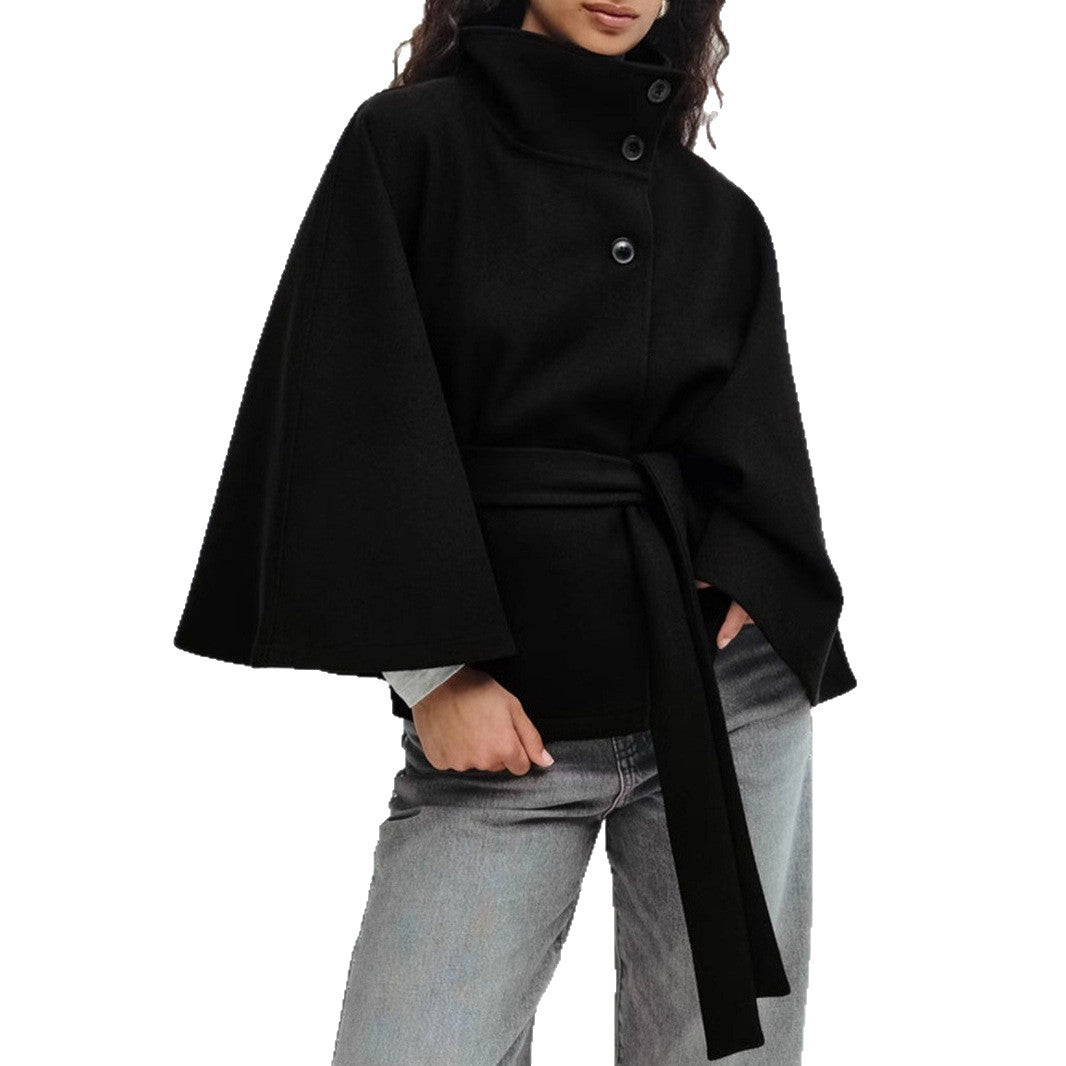 Trench Coat for Women – Stand Collar, Belted Batwing Silhouette
