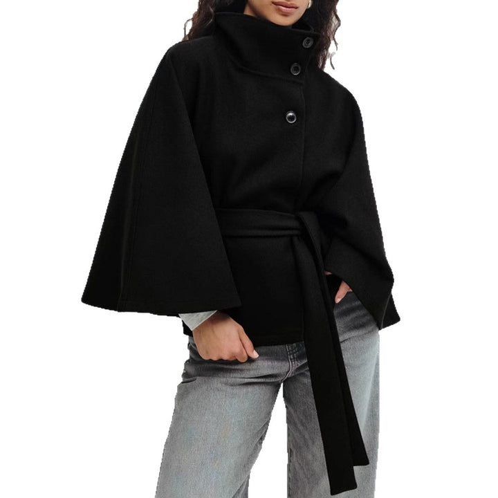 Trench Coat for Women – Stand Collar, Belted Batwing Silhouette