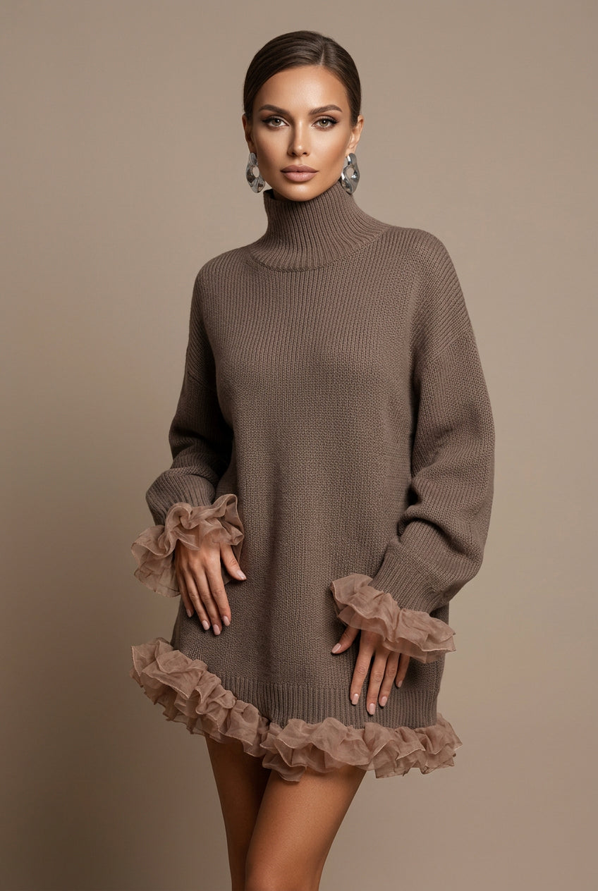 Women's High-Neck Knit Sweater – Ruffled Long Sleeve Cotton Blend