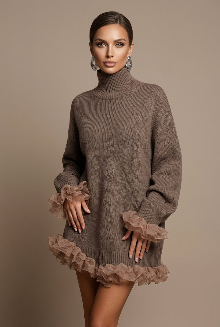 Women's High-Neck Knit Sweater – Ruffled Long Sleeve Cotton Blend