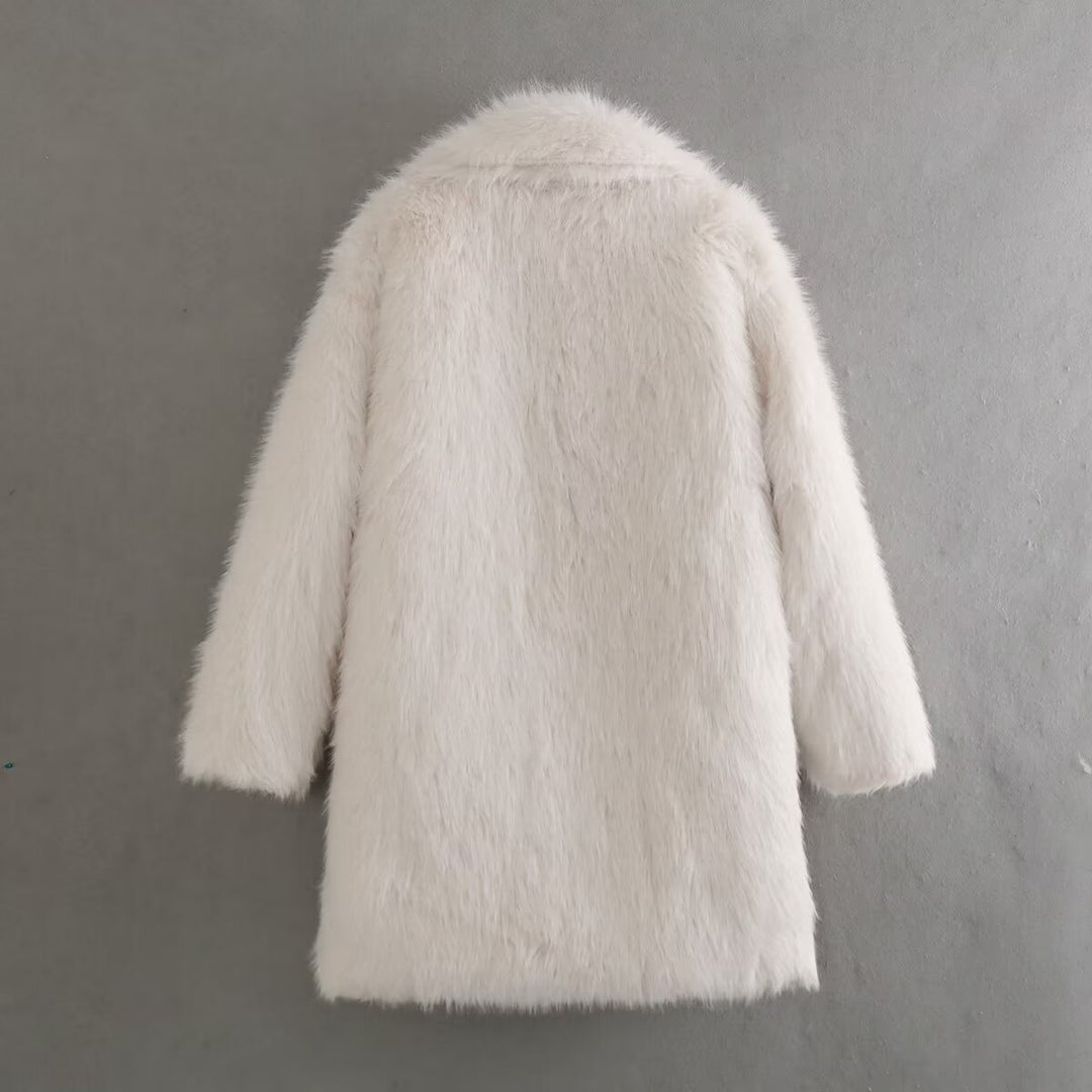 Women's Plush Mid-Length Overcoat – Relaxed Fit, Cozy Pockets
