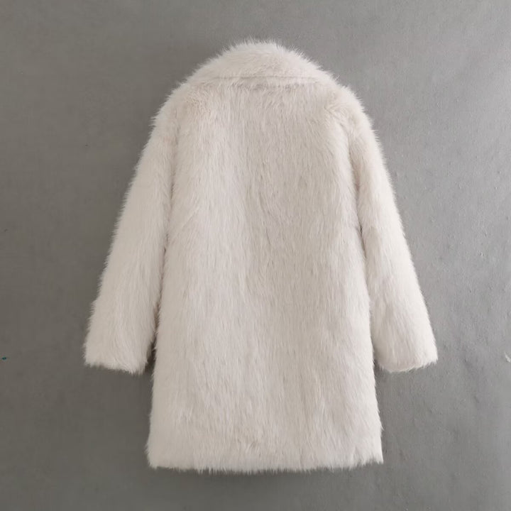 Women's Plush Mid-Length Overcoat – Relaxed Fit, Cozy Pockets