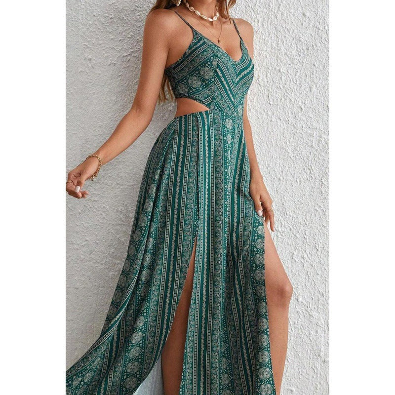 Women's Slip Dress – Floral Print Backless Strappy with Slit Detail