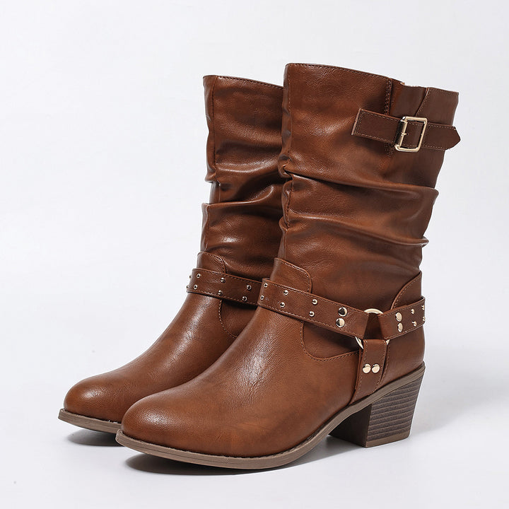Leather Women's Boot with Pleated Belt, Rivet Detail, Chunky Heel