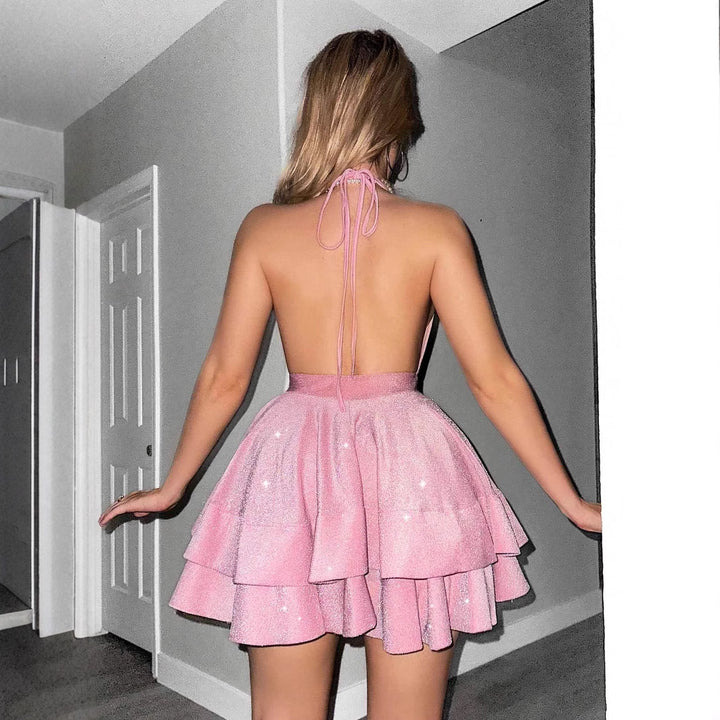 Mini Dress with Flounced Tiered Skirt – Women's High Waist Cotton