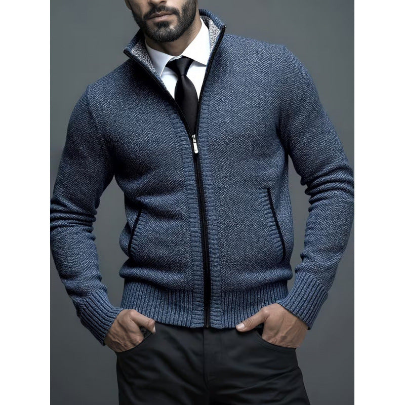 Men's Knitted Cardigan – Stand Collar & Zip-Front Design