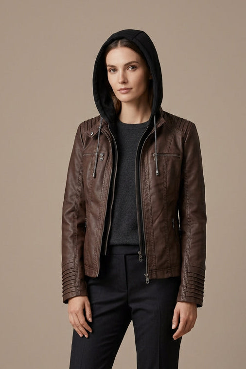 Women's Hooded Vegan Leather Jacket – Detachable Hood & Pockets