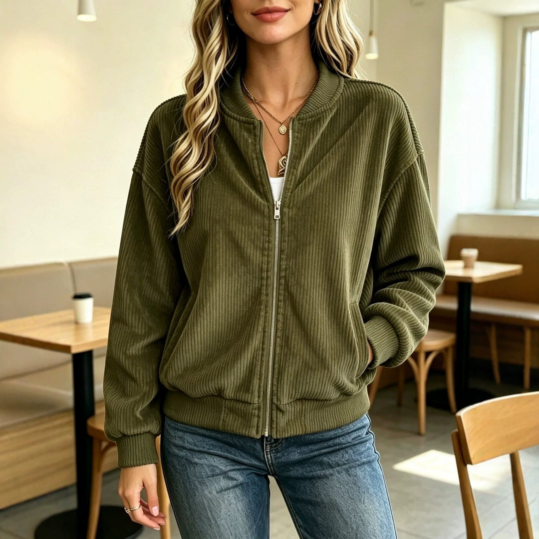 Women's Textured Zip-Up Jacket – Relaxed Fit, Vertical Stripe