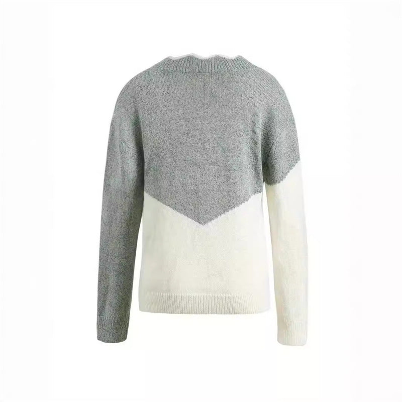 Women's V-Neck Colorblock Knit Sweater – Relaxed Long Sleeve Pullover