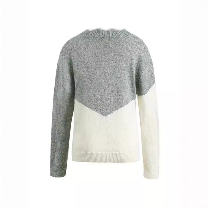 Women's V-Neck Colorblock Knit Sweater – Relaxed Long Sleeve Pullover
