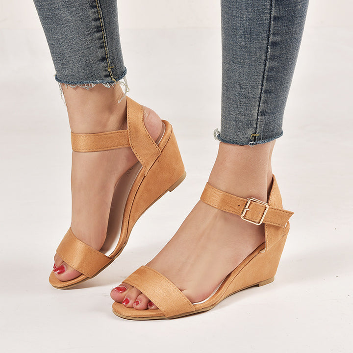 Women's Heeled Sandal – Buckled Peep Toe with Wide Fit