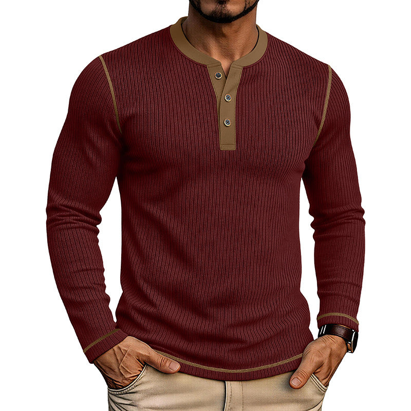 Men’s Colorblock Henley Long Sleeve Cotton T-Shirt – Textured Pullover