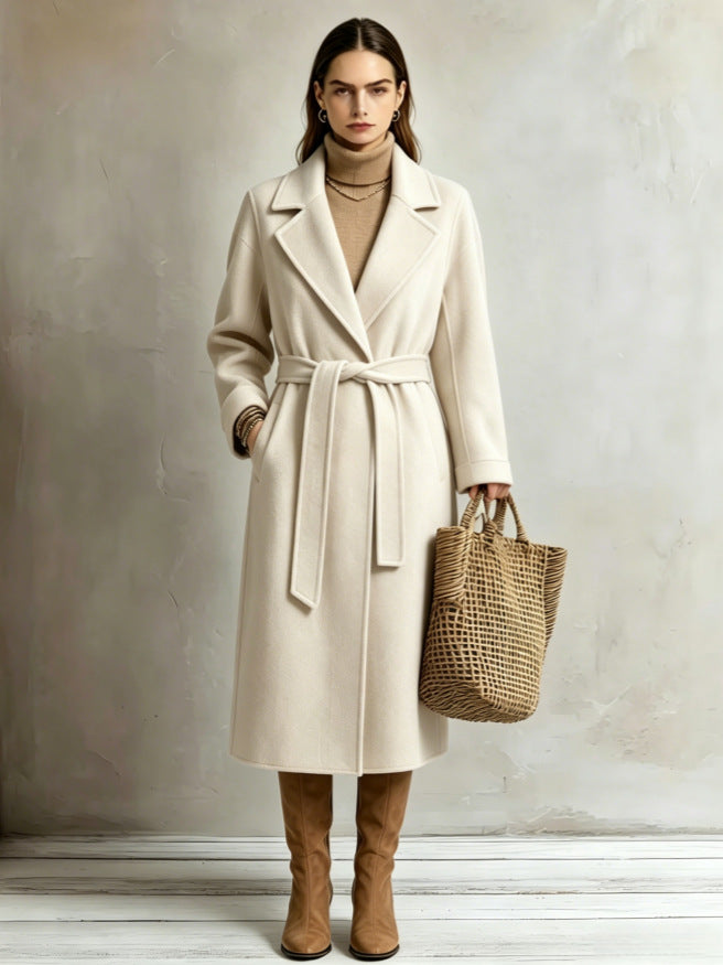 Women's Wool Lapel Coat – Relaxed Fit, Lace-Up Detail