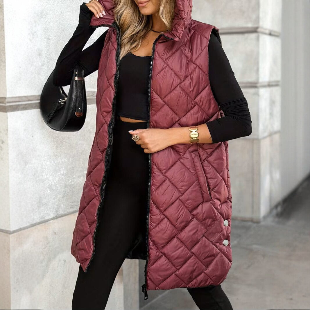 Women's Sleeveless Zip-Up Vest – Mid-Length Cotton Filled
