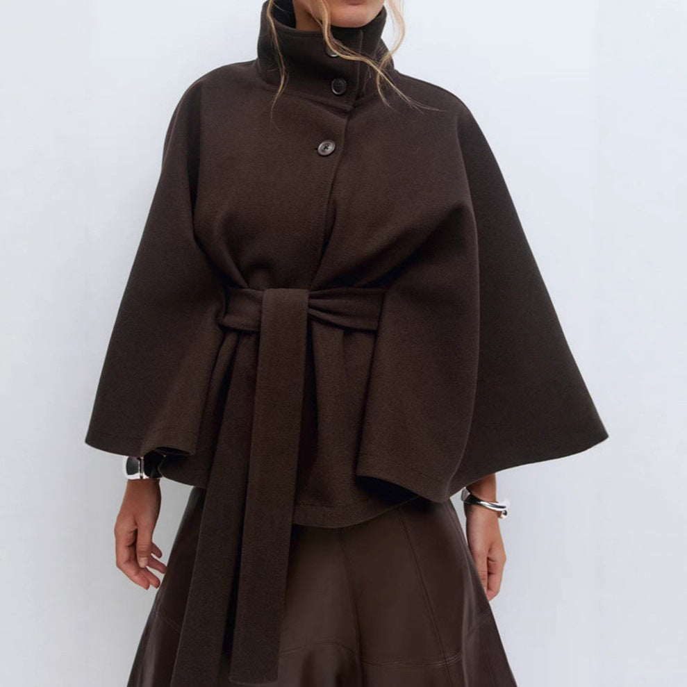 Trench Coat for Women – Stand Collar, Belted Batwing Silhouette