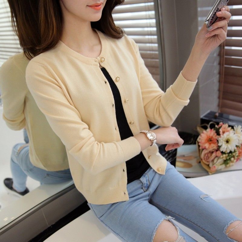 Women's Cotton Knit Cardigan, Straight Fit, Round Neck Single Layer