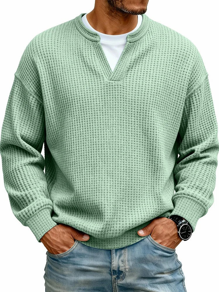 Men’s Waffle Knit Sweatshirt – Relaxed V-Neck Pullover