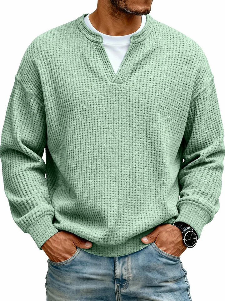 Men’s Waffle Knit Sweatshirt – Relaxed V-Neck Pullover
