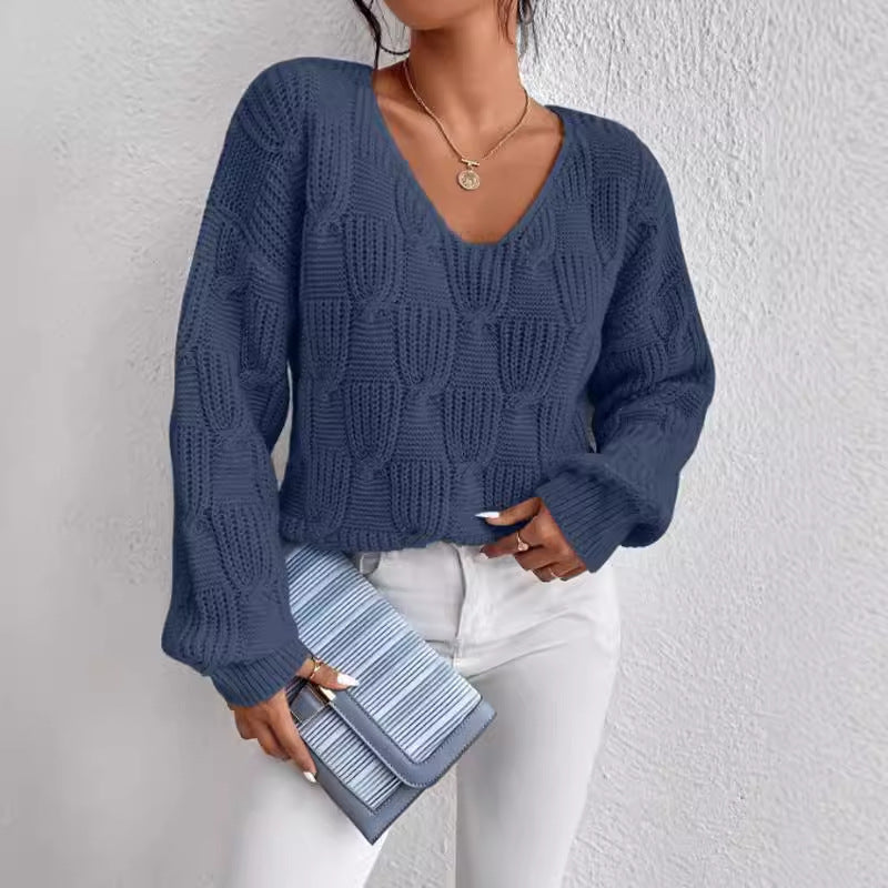 Women's Loose Knit Pullover Sweater – V-Neck Solid Relaxed Fit
