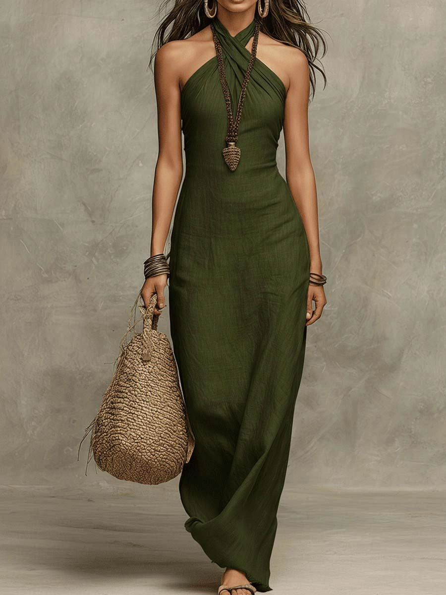 Women's Halter Neck A-Line Maxi Dress – Lace-Up Slim Fit