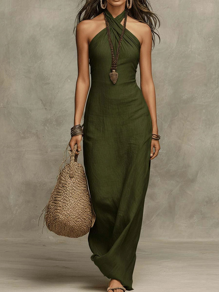 Women's Halter Neck A-Line Maxi Dress – Lace-Up Slim Fit