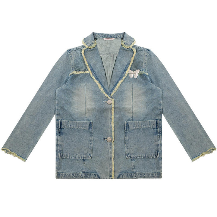 Denim Suit Jacket for Women, Relaxed Fit Single-Breasted Blazer