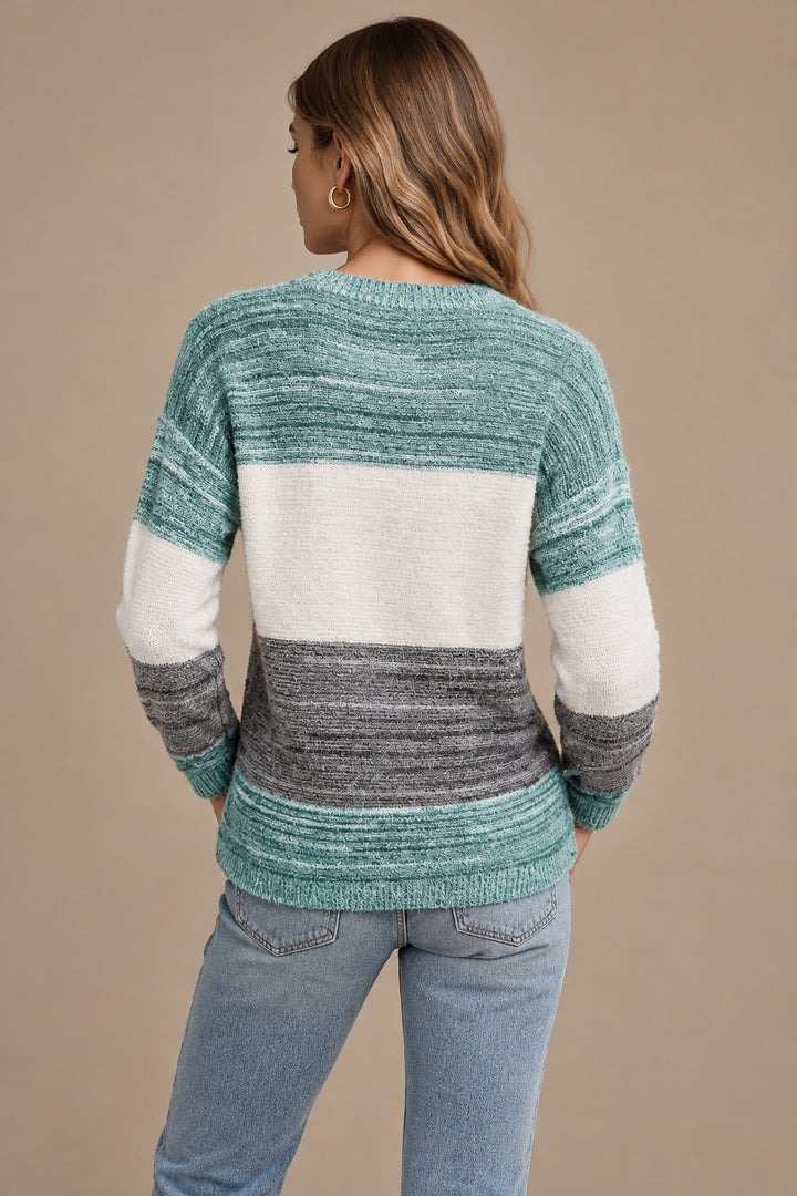 Women's Ombre Ribbed Knit Top – Drop-Shoulder Color-Block Pullover