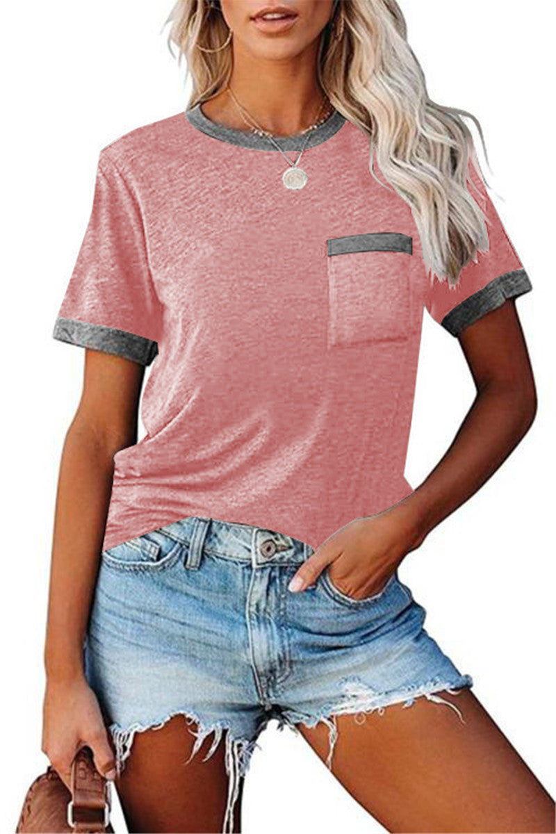 Women's Colorblock Top – Relaxed Fit Round Neck with Pocket
