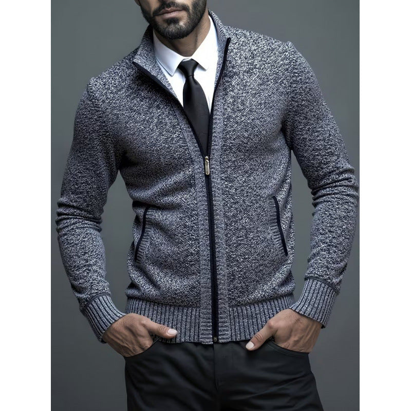Men's Knitted Cardigan – Stand Collar & Zip-Front Design