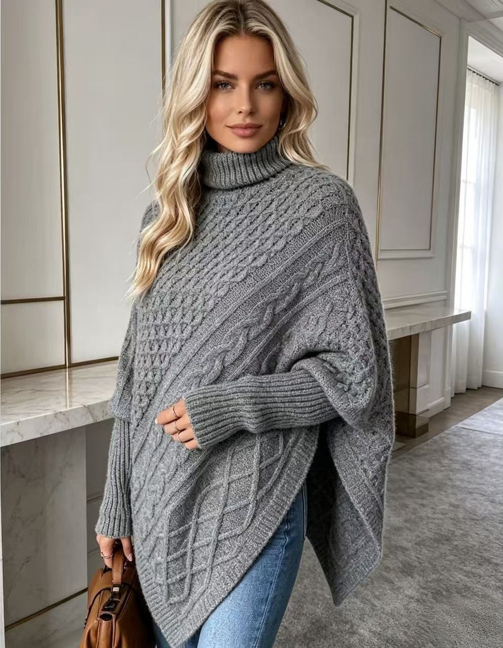 Women's Turtleneck Sweater – Cape-Style, Soft Knit Drape