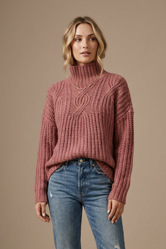 Women's High Neck Sweater – Chunky Ribbed Twist Knit Pullover