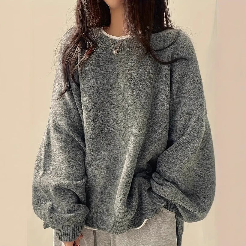Women's Retro Crew Neck Knit Sweater Pullover – Relaxed Drop-Shoulder