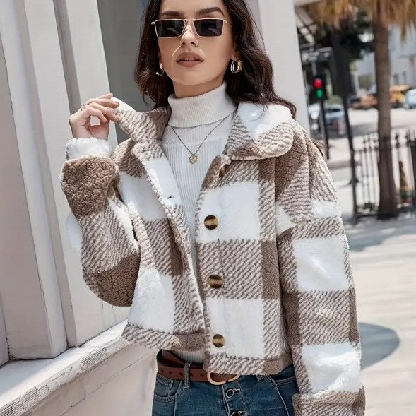 Women's Plaid Plush Cardigan Coat – Button Front, Thick Cozy Layer