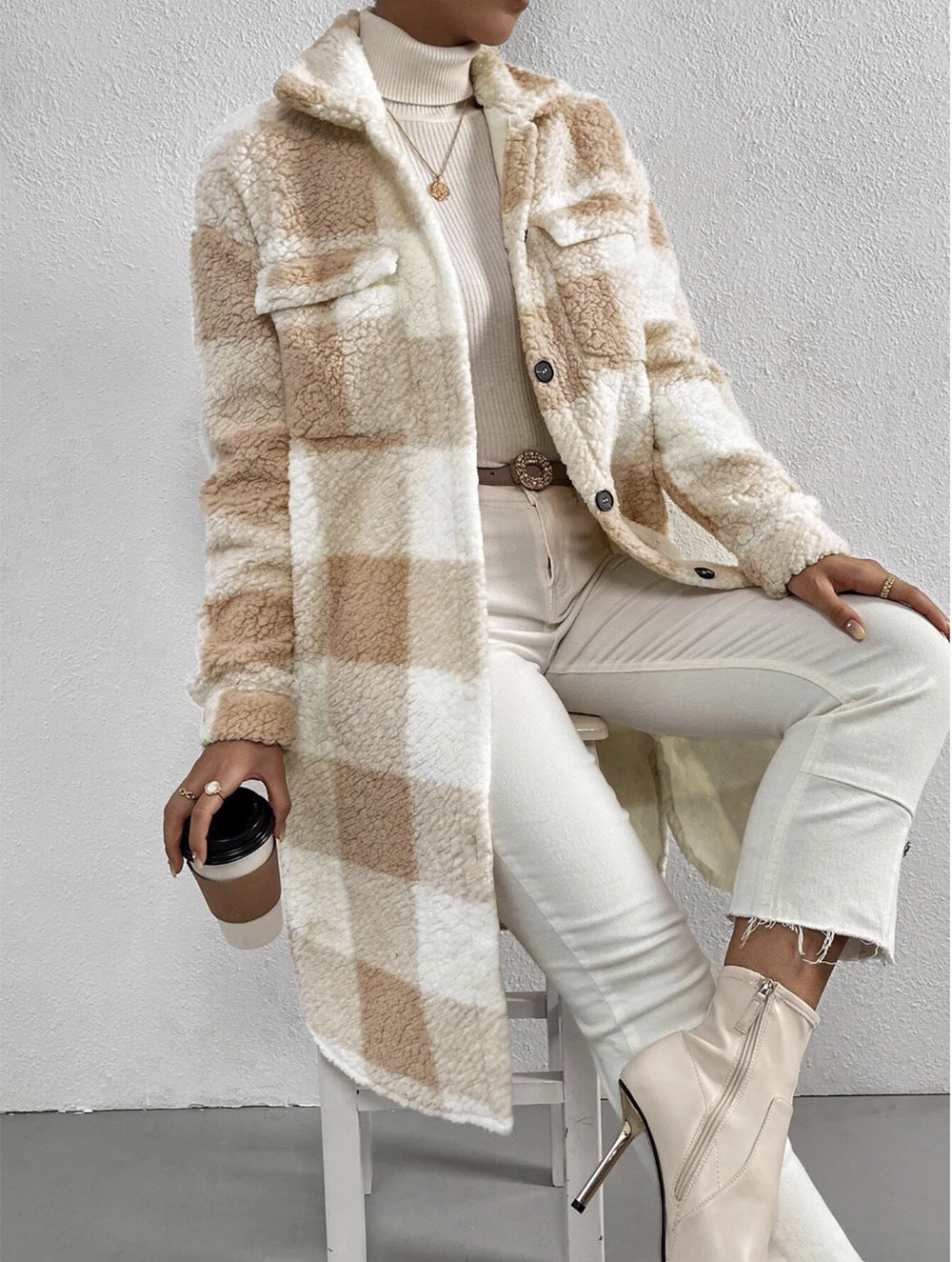 Women's Longline Check Coat – Relaxed Fit Commuter Silhouette