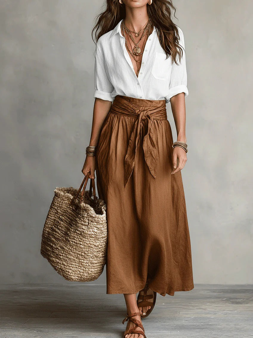 Women's Two Piece Set – Cotton Short-Sleeve Shirt & Straight Skirt