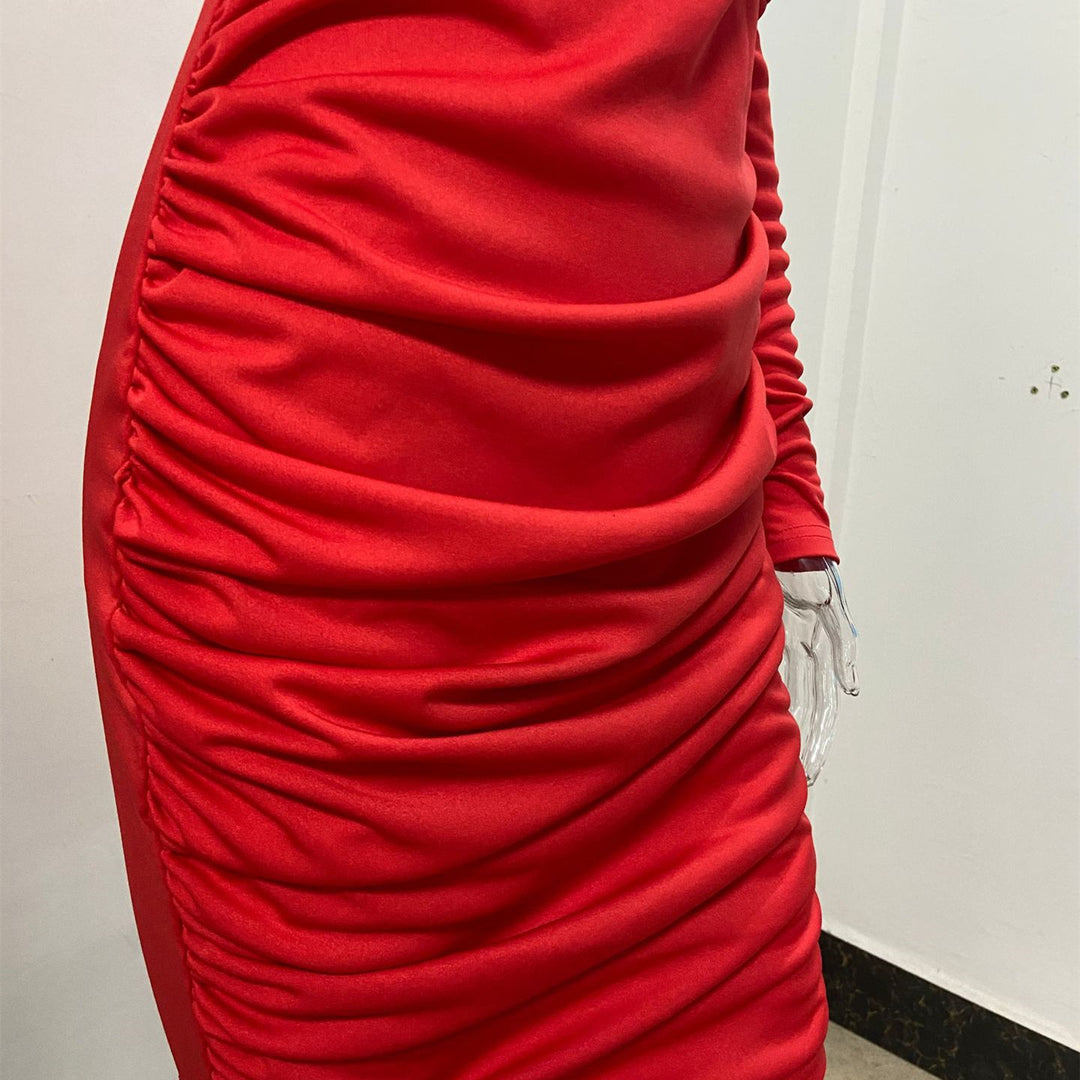Women's Long Sleeve V-Neck Fitted Midi Dress – Contoured Silhouette