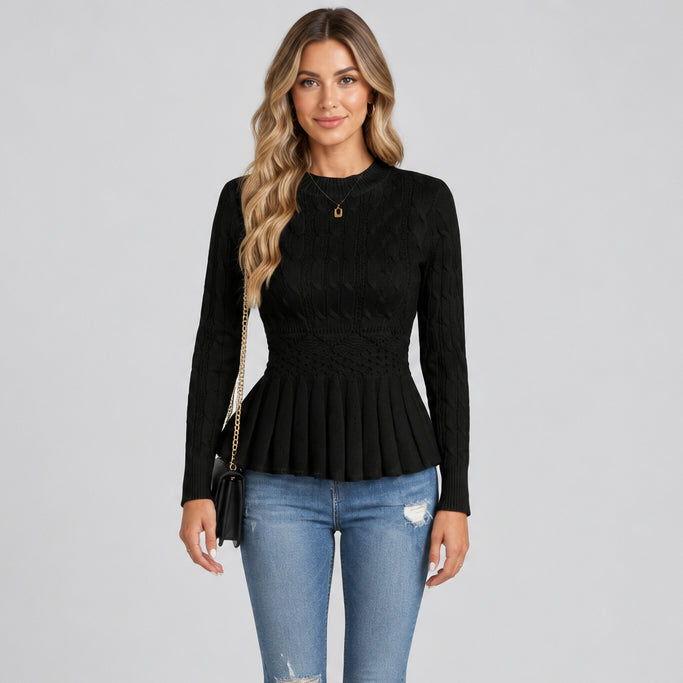 Women's Slim Fit Pleated Sweater Top – Crocheted Flower Detail